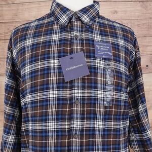 Croft & Barrow Shirt Mens 2XL XXL Brown Blue White Plaid Flannel Cotton Casual
